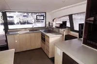 Modern kitchen interior of 2017 Leopard 43 Powercat yacht with ample counter space and appliances.