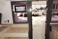 Interior view of 2017 Leopard 43 Powercat with marina in the background.