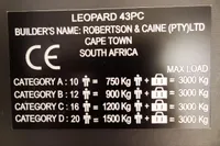 Builder's plate for 2017 Leopard 43 Powercat by Robertson & Caine, Cape Town, South Africa.