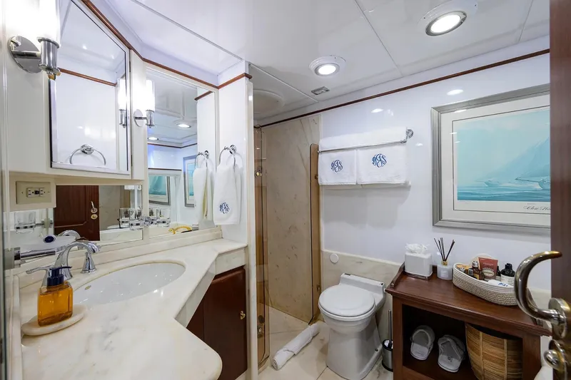 Aventurer Yacht Photos Pics Luxurious bathroom on a 1986 Jongert 85 yacht with elegant fixtures and decor.