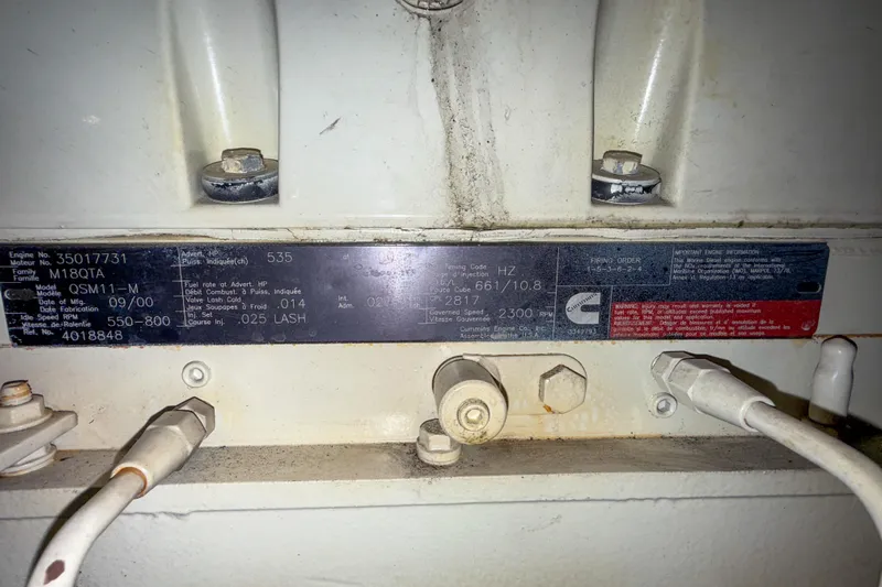 Over And Out Yacht Photos Pics Close-up of a Cummins engine label on a 2001 Carver 570 Voyager Pilothouse.