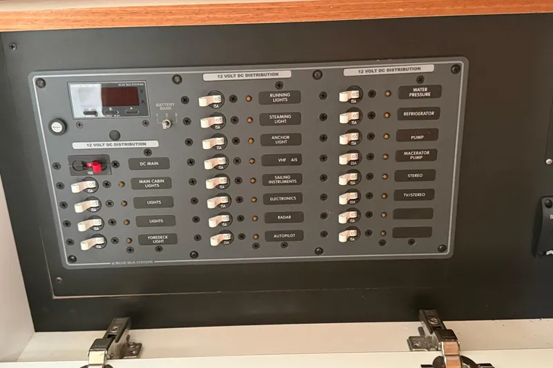  Yacht Photos Pics Electrical control panel of a 2023 Catalina 315 sailboat, featuring 12-volt DC distribution switches.