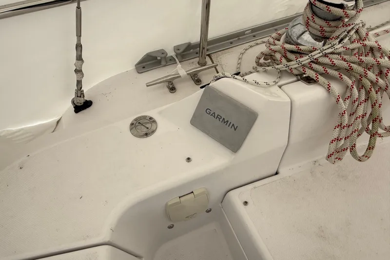  Yacht Photos Pics 2023 Catalina 315 sailboat deck with Garmin equipment and coiled ropes.