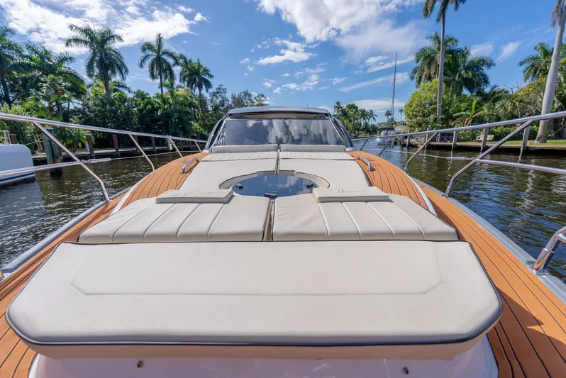 Custom Order Your 415 Today! Yacht Photos Pics Luxurious Hanover 415 yacht deck with sun loungers, surrounded by tropical scenery, 2025 model.