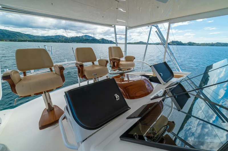 Watts Up Yacht Photos Pics 2016 Viking 66 Convertible yacht helm with luxurious seating and scenic ocean view.