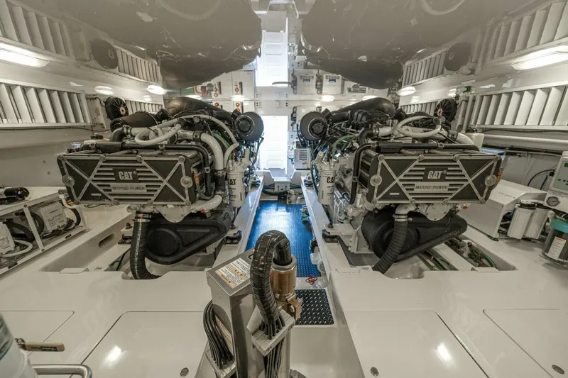 Watts Up Yacht Photos Pics Engine room of 2016 Viking 66 Convertible yacht with dual CAT marine engines.