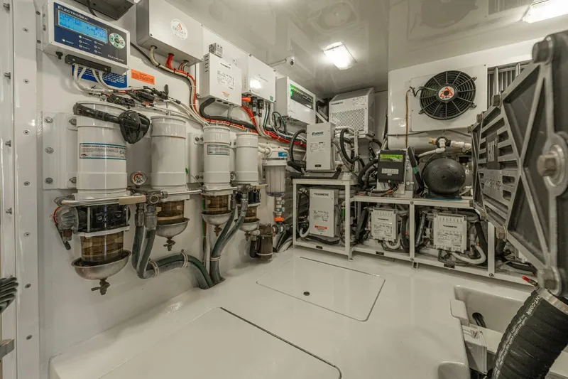 Watts Up Yacht Photos Pics Engine room of 2016 Viking 66 Convertible yacht with advanced mechanical systems.