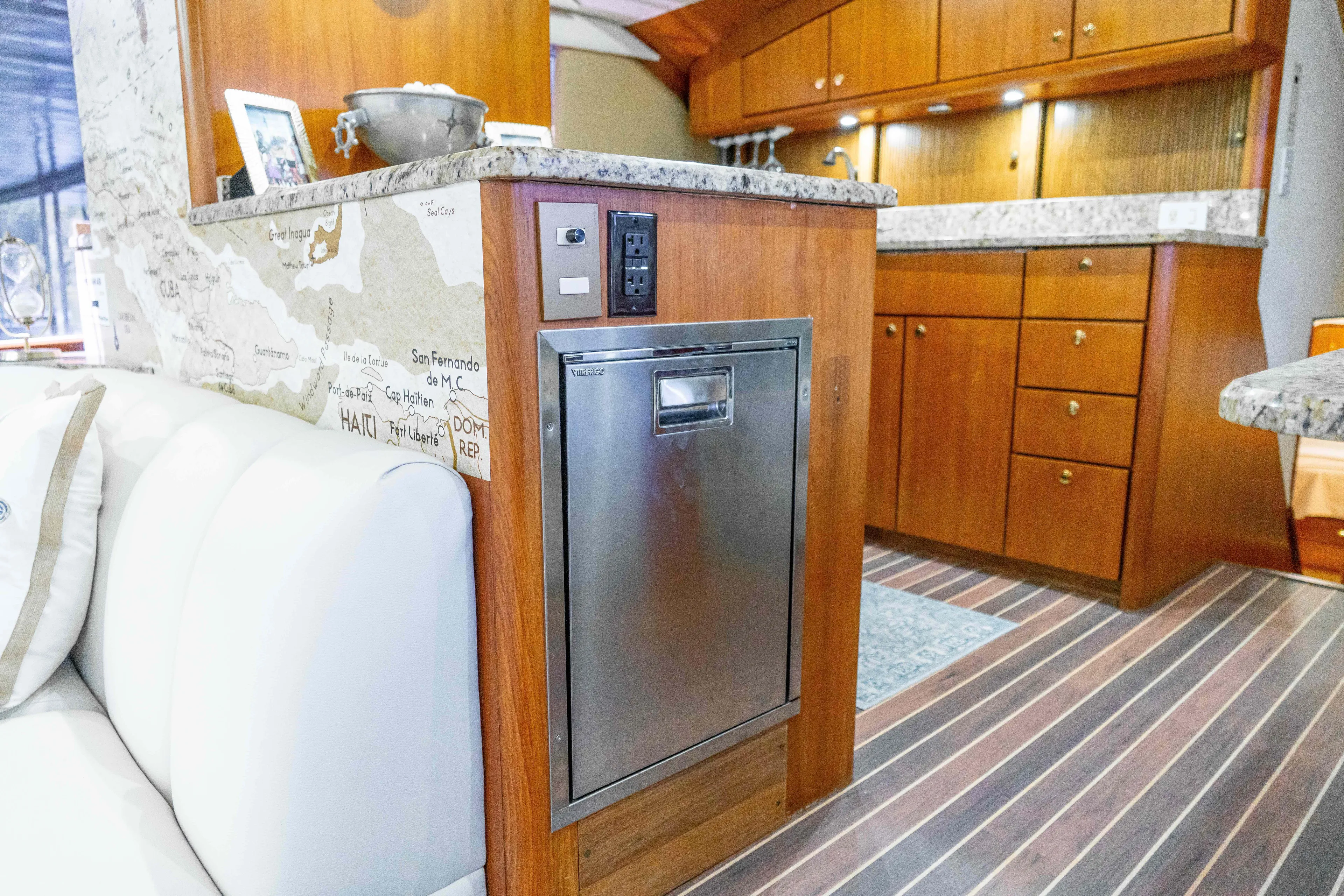  Yacht Photos Pics Interior of 1997 Ocean Yachts 60 Sport Fish with modern kitchen and wood cabinetry.