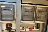 Electrical control panels with circuit breakers in a Custom Survey 55, 1997 model.