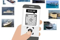 Hand holding phone with QR code, surrounded by various yacht images.