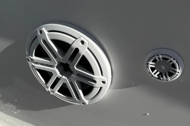  Yacht Photos Pics Close-up of JL Audio speakers on a 2020 Midnight Express 34' Open boat.