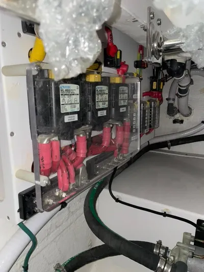 Silver Lining Yacht Photos Pics Electrical panel in a 2021 Back Cove 34 O boat engine compartment.