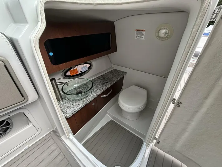 Yacht Photos Pics 2021 Crownline E305XS boat bathroom with modern sink and toilet.