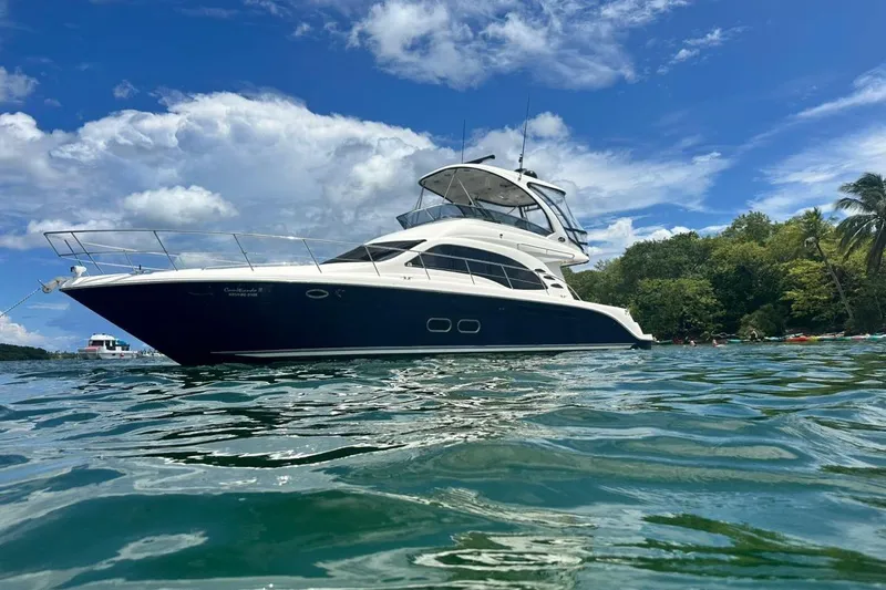  Yacht Photos Pics 2005 Sea Ray 500 Sedan Bridge yacht on clear water under blue sky.