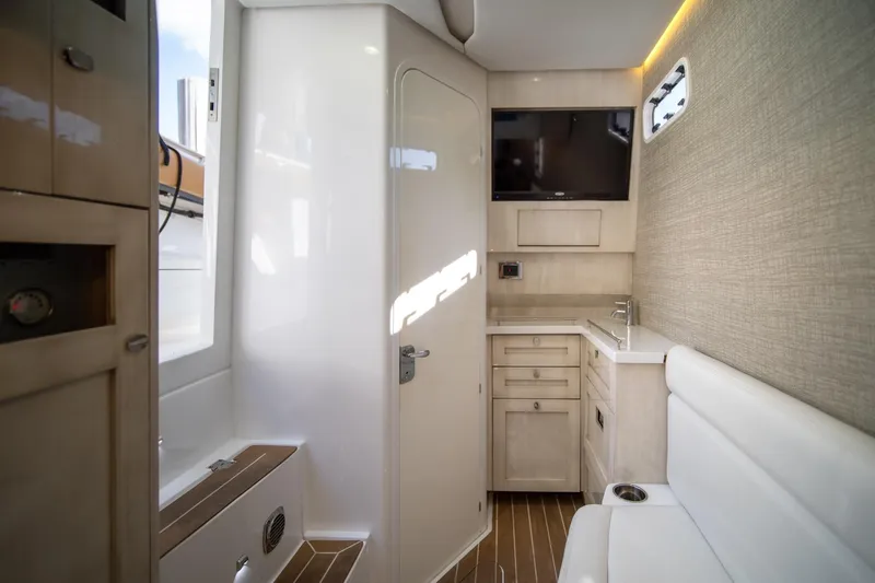 Sun Owl Yacht Photos Pics Luxurious interior of 2020 HCB 42 Lujo boat with modern amenities and elegant design.
