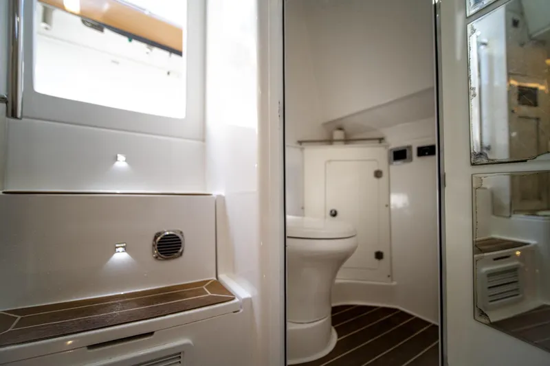 Sun Owl Yacht Photos Pics Interior of 2020 HCB 42 Lujo boat featuring a compact, modern bathroom.