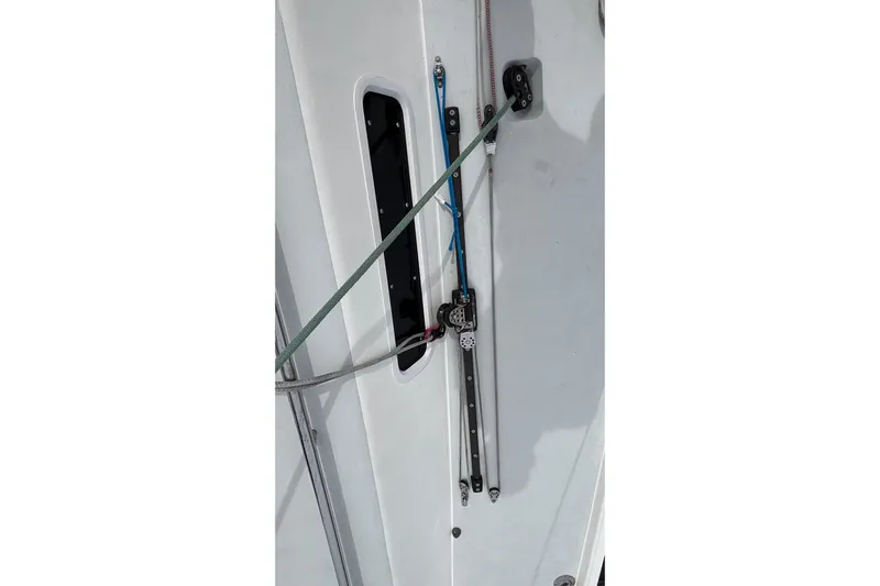 Tarahumara Yacht Photos Pics Deck rigging on a 2008 J Boats J/122 sailboat, featuring ropes and pulleys.