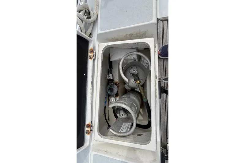 Tarahumara Yacht Photos Pics Storage compartment on 2008 J Boats J/122 sailboat, containing two propane tanks.