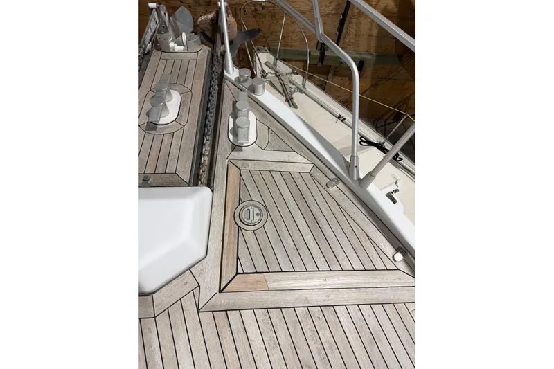  Yacht Photos Pics Deck of 1994 Ferretti Yachts 185 Fly with wooden finish and metal fittings.