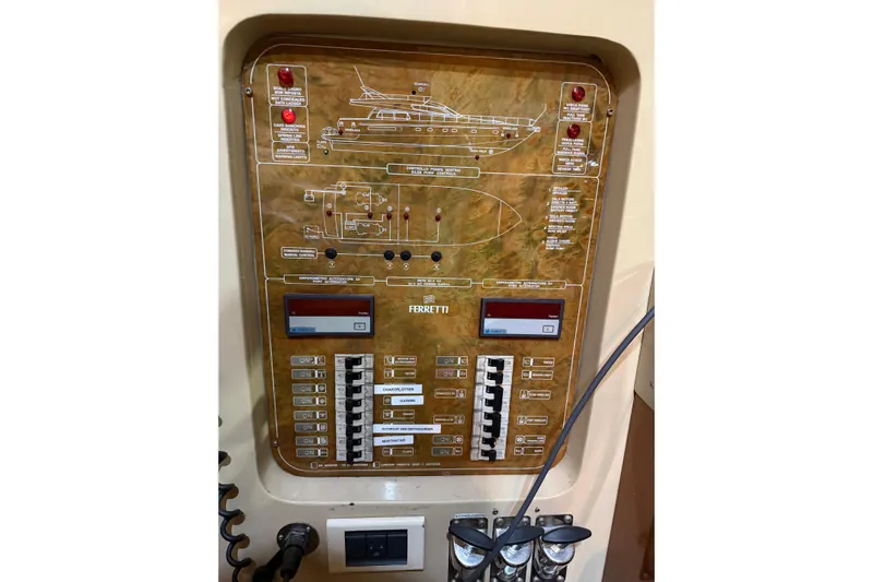  Yacht Photos Pics Control panel of a 1994 Ferretti Yachts 185 Fly, featuring detailed schematics.
