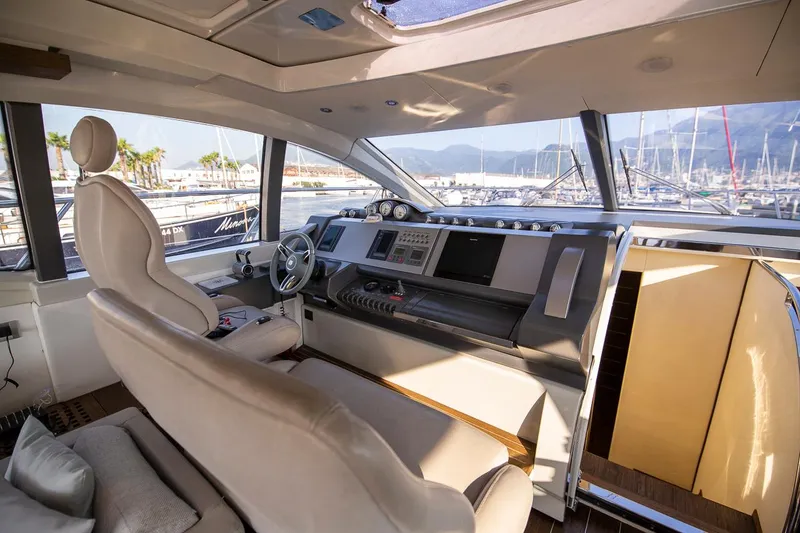 Sofierì Yacht Photos Pics Interior view of 2005 Azimut 68S yacht cockpit with modern controls and panoramic windows.