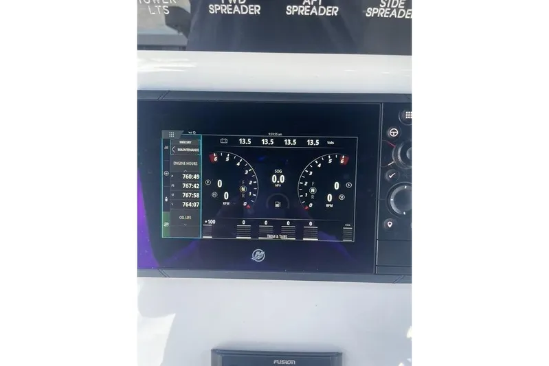  Yacht Photos Pics Dashboard display of 2023 Conch 41 Center Console boat showing engine metrics.