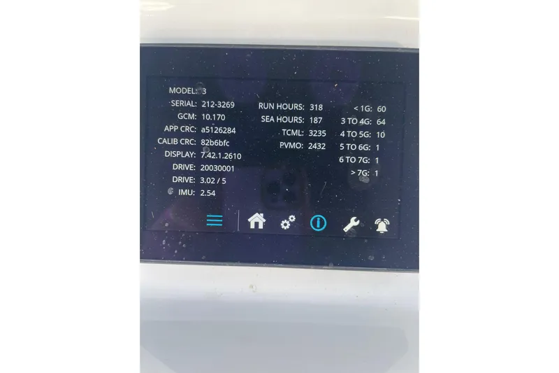  Yacht Photos Pics Display screen of 2023 Conch 41 Center Console showing technical data and run hours.