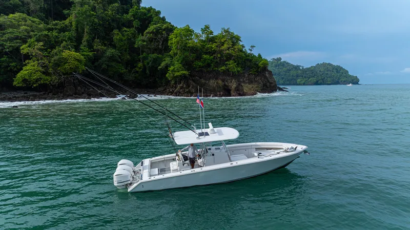 Half Nelson Yacht Photos Pics A 2016 Jupiter HFS boat on calm waters near a lush, forested coastline.