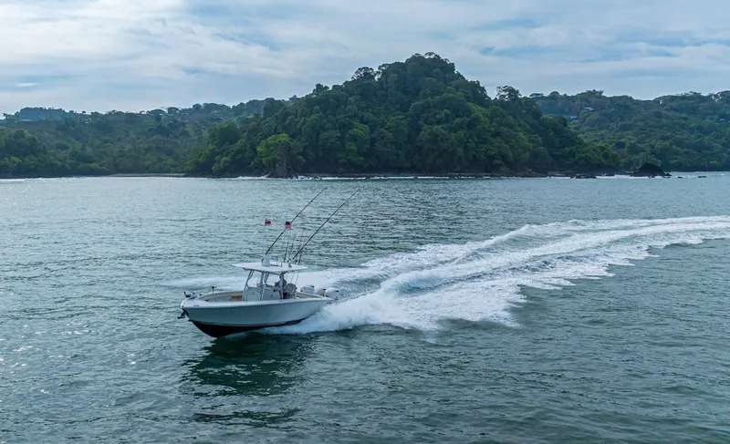 Half Nelson Yacht Photos Pics 2016 Jupiter HFS boat cruising on scenic coastal waters with lush green island backdrop.