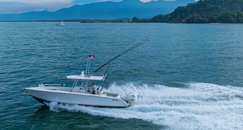 Half Nelson Yacht Photos Pics A 2016 Jupiter HFS boat cruising on a scenic lake with mountains in the background.
