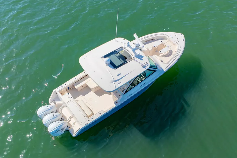  Yacht Photos Pics 2019 Grady-White Freedom 375 boat on open water, aerial view.