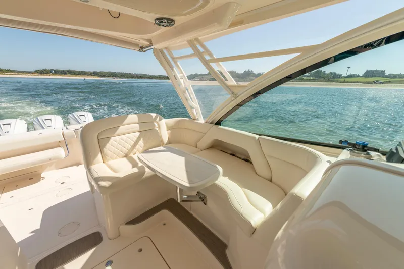  Yacht Photos Pics Luxurious interior of 2019 Grady-White Freedom 375 boat with scenic ocean view.