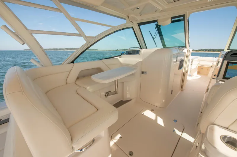  Yacht Photos Pics 2019 Grady-White Freedom 375 boat interior with luxurious seating and ocean view.