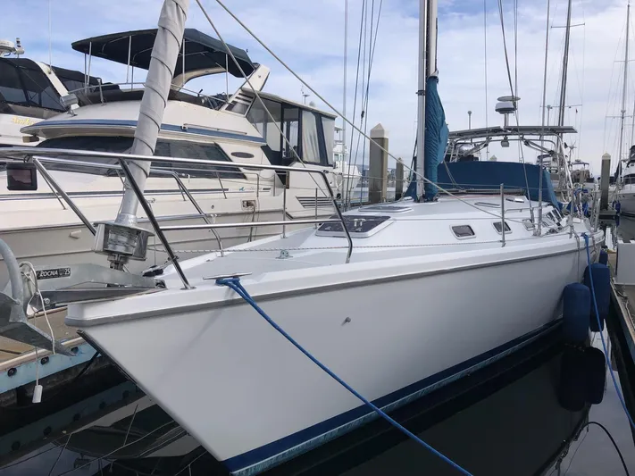 Papa Bob Yacht Photos Pics 1996 Catalina 42 MkII sailboat docked at marina, side view.