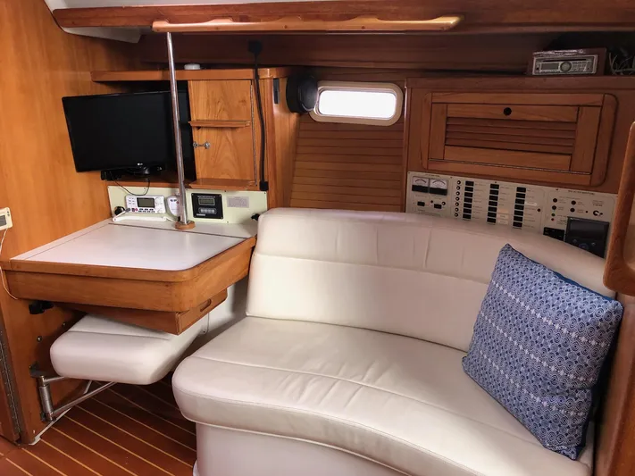 Papa Bob Yacht Photos Pics Interior of 1996 Catalina 42 MkII sailboat with white seating and navigation equipment.