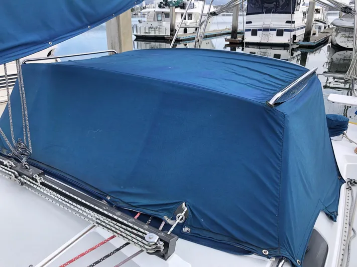 Papa Bob Yacht Photos Pics Blue canvas cover on 1996 Catalina 42 MkII sailboat at marina.