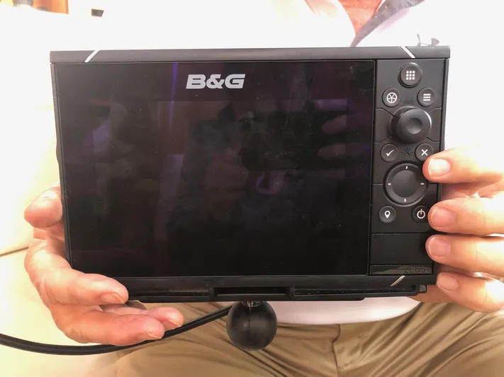 Papa Bob Yacht Photos Pics B&G marine navigation device held by a person, Catalina 42 MkII, 1996 model.