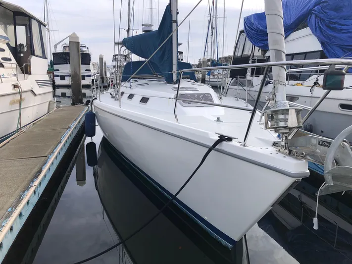 Papa Bob Yacht Photos Pics 1996 Catalina 42 MkII sailboat docked in marina, side view.