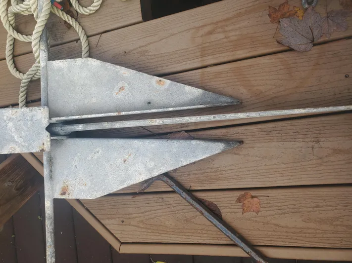 Papa Bob Yacht Photos Pics Metal boat anchor on wooden deck, Catalina 42 MkII, 1996 model.