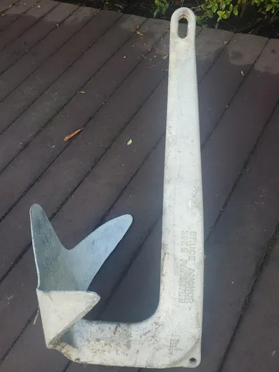 Papa Bob Yacht Photos Pics Large metal boat anchor on wooden deck, suitable for Catalina 42 MkII, 1996 model.