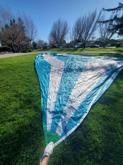 Papa Bob Yacht Photos Pics Colorful sail laid out on grass, Catalina 42 MkII, 1996 model.