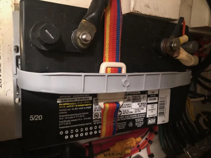 Papa Bob Yacht Photos Pics Catalina 42 MkII 1996 boat battery secured with colorful strap.