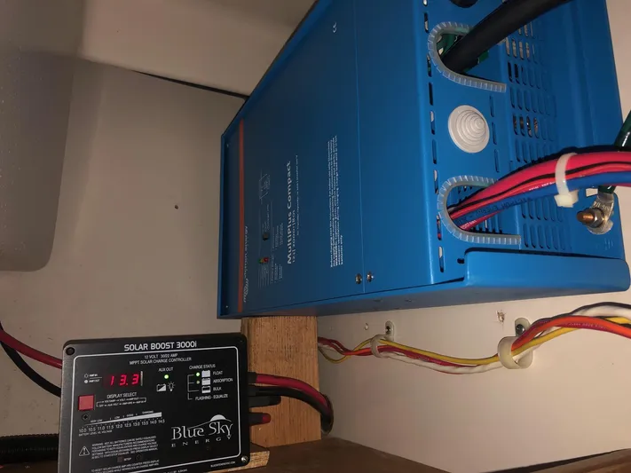 Papa Bob Yacht Photos Pics Blue Sky solar boost controller and inverter setup on a 1996 Catalina 42 MkII sailboat.
