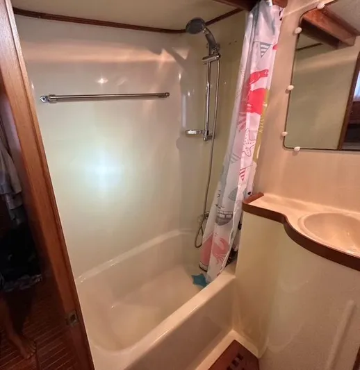 Blue Yacht Photos Pics 1987 Albin Double Cabin bathroom with shower, curtain, and sink.