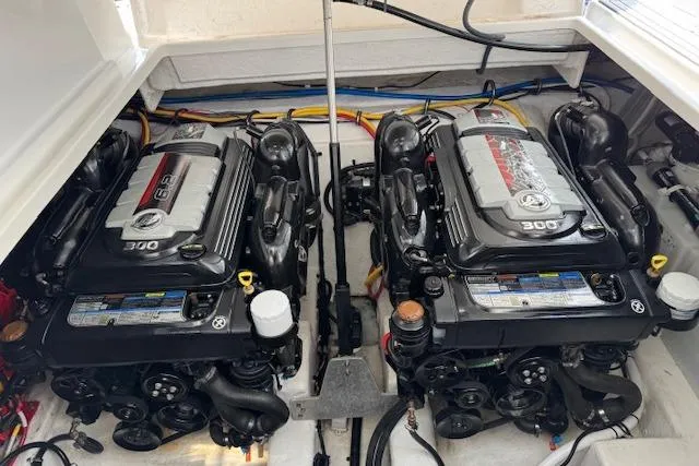  Yacht Photos Pics Engine compartment of a 2021 Monterey 335 Sport Yacht with dual powerful engines.