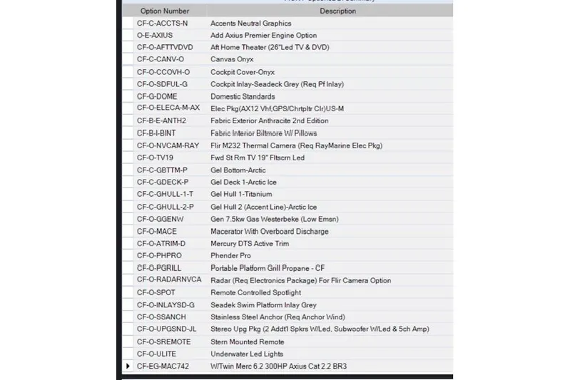  Yacht Photos Pics Options list for 2021 Monterey 335 Sport Yacht, including electronics, fabrics, and engine upgrades.