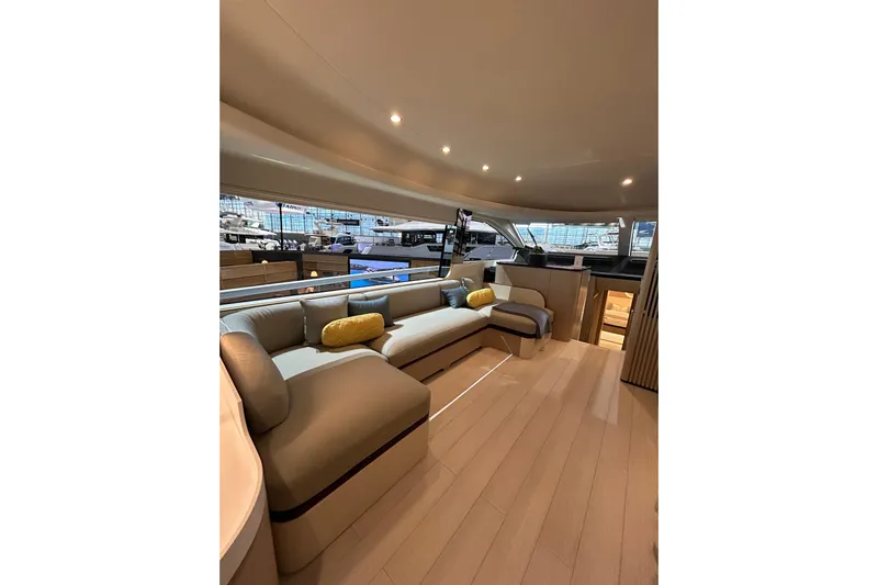  Yacht Photos Pics Luxurious interior of 2024 Azimut Fly 68 yacht with elegant seating and modern design.