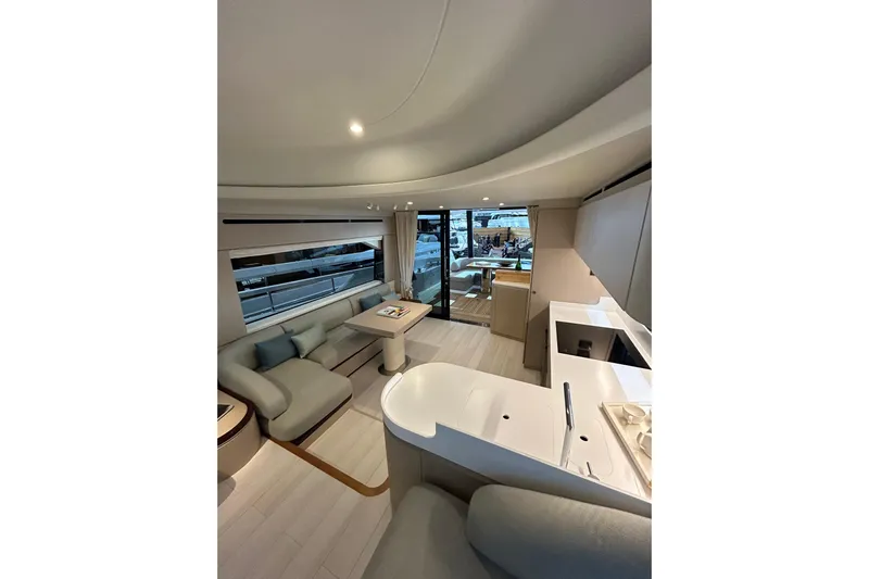  Yacht Photos Pics Luxurious interior of 2024 Azimut Fly 68 yacht with modern design and spacious seating.
