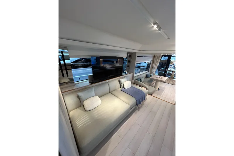  Yacht Photos Pics Luxurious interior of 2024 Azimut Fly 68 yacht with modern seating and elegant decor.