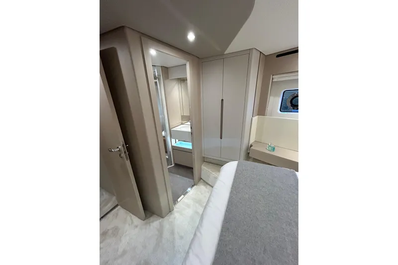  Yacht Photos Pics Luxurious interior of 2024 Azimut Fly 68 yacht cabin with modern design.